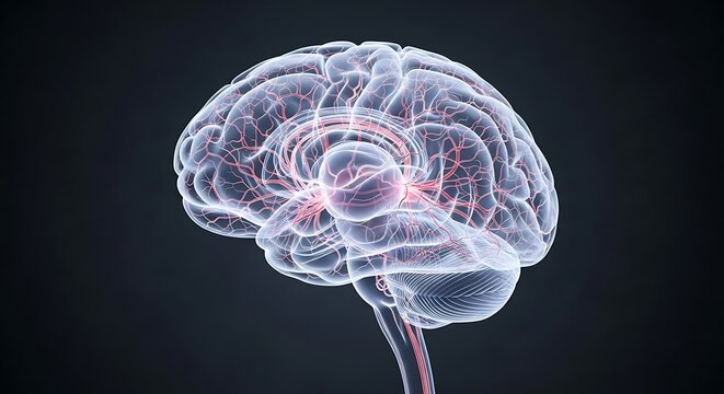 Futuristic 3D rendering of a glowing human brain with neural network activity on a dark background.
