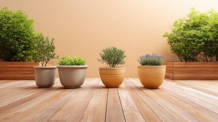 Fototapeta premium Four Stylish Planters with Fresh Herbs and Greenery on a Wooden Deck Against a Soft Orange Wall