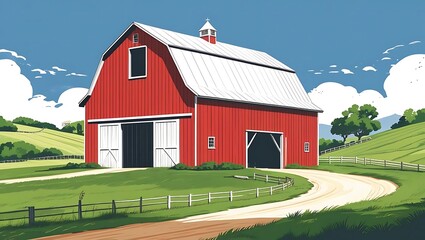 Obraz premium Classic Red Barn Standing in a Vibrant Green Farm Landscape