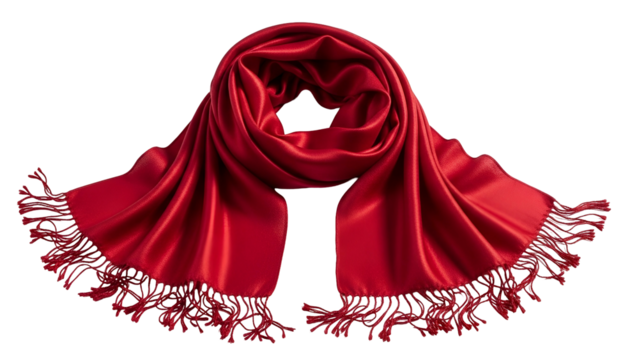 A vibrant, luxurious red scarf with detailed folds and fringe against a stark black backdrop