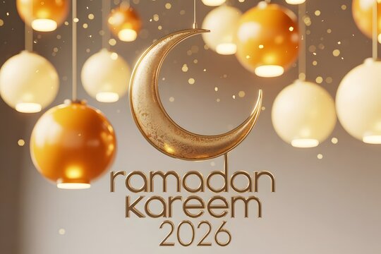 Golden crescent moon and lanterns, ramadan kareem 2026 greeting. - Powered by Adobe