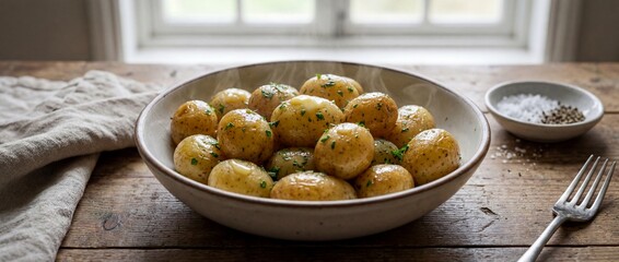 Bowl of roasted potatoes with fresh herbs on wooden table.