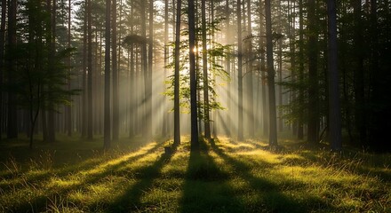 Fototapeta premium Sunlight beams through misty forest trees
