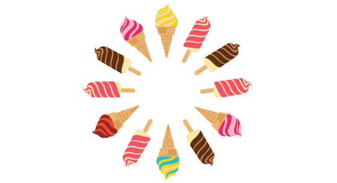 Circle of colorful ice cream cones and popsicles arranged on a white background. - Powered by Adobe