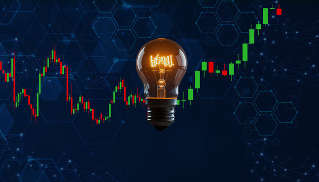 Financial Strategy and Innovation: Glowing Lightbulb on Stock Market Candlestick Chart and Abstract Data Network