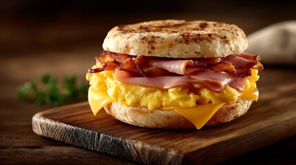 Delicious breakfast sandwich with egg cheese bacon and ham.