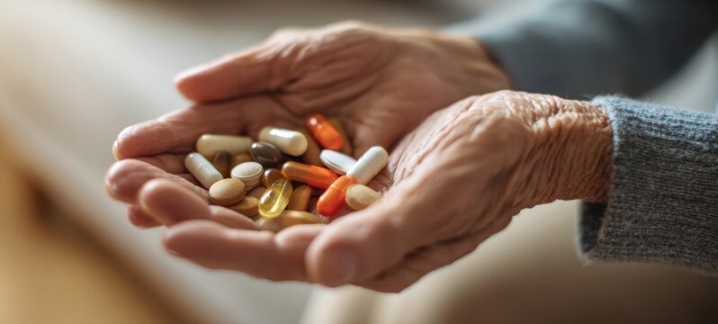 The Elderly Hands Holding Assorted Pills and Vitamins Symbolizing Senior Health and Care - Powered by Adobe
