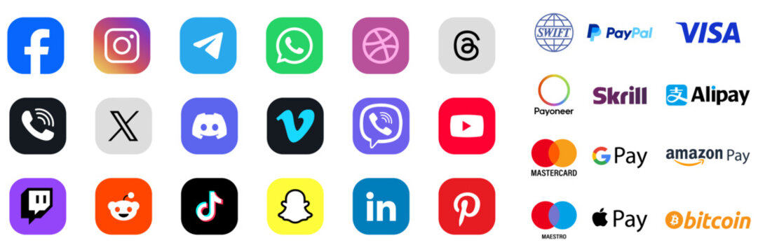  Popular payment methods systems icons set, and Instagram, Facebook, Whatsapp, Telegram, X, Dribbble, Theards, Viber. Social Media, Messenger Logo Vector Icon. 