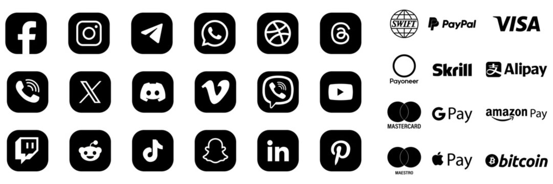 Instagram, Facebook, Whatsaap, Telegram, X, Dribbble, Therads, Viber. Social Media, Messenger Logo Vector Icon. 