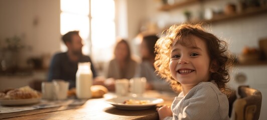 The smiling child at a cozy family breakfast table bathed in warm sunlight