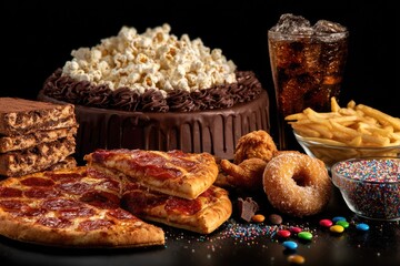Fototapeta premium An enticing display of various popular fast foods, sweet desserts, and sugary drinks, dark background