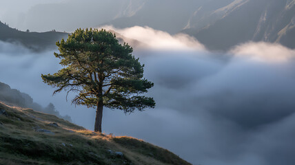 Obraz premium Solitary pine tree stands above misty mountain valley