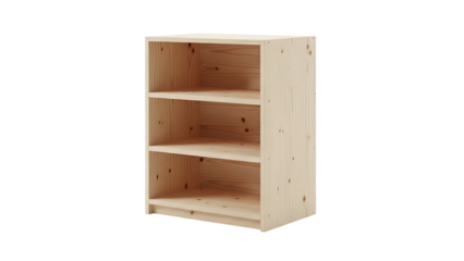 A simple, unfinished wooden bookcase with three shelves against a black backdrop