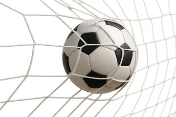 Naklejka premium Soccer ball hitting goal net, scoring winning goal during an important championship game, isolated on transparent background