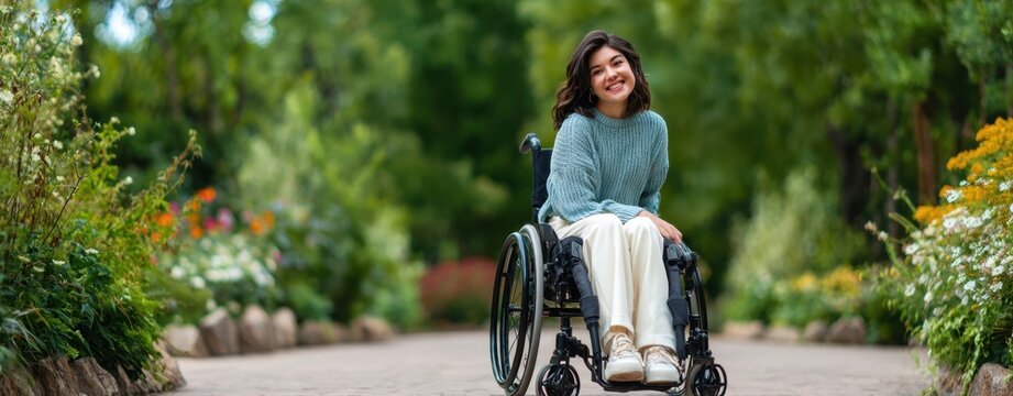 The smiling woman in wheelchair enjoying a sunlit garden pathway with confidence
