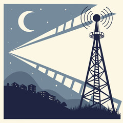 Radio tower broadcasting at night over a silhouetted town transmission tower communication
