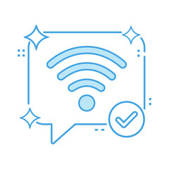 A light blue wifi symbol inside a square speech bubble with a checkmark and star accents design