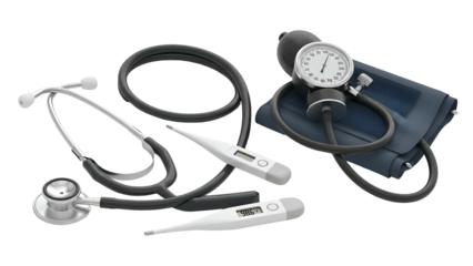 Medical tools isolated stethoscope, blood pressure cuff, and digital thermometers