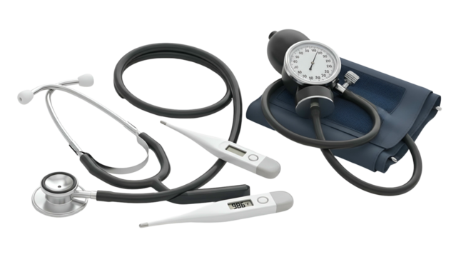 Medical tools isolated stethoscope, blood pressure cuff, and digital thermometers - Powered by Adobe