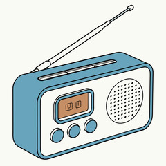 Blue and White Portable Radio with Antenna and Digital Display Keywords: radio, portable, retro