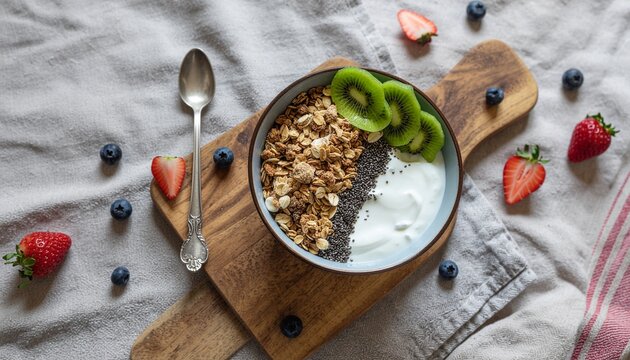 top-down flatlay of healthy breakfast bowl with oatmeal, yogurt, granola, kiwi, chia seeds, strawberries, and blueberries - Powered by Adobe