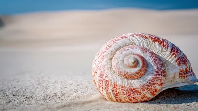A close-up shot of a spiral seashell on a beach. Background of blue sky and sand dunes