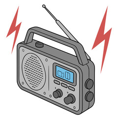 Gray Portable Radio with Antenna and Sound Waves Keywords: radio, portable, audio, sound, music
