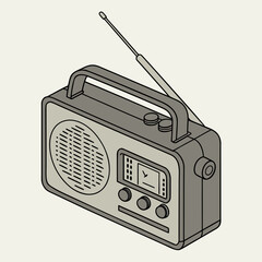 Gray portable vintage radio with antenna and speaker grille Keywords: vintage radio, retro radio