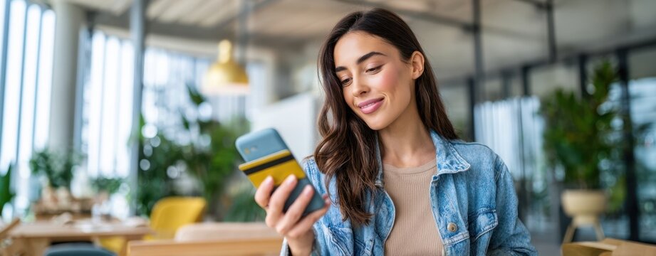 The Woman in Denim Using a Smartphone in a Modern Coworking Space and Smiling - Powered by Adobe