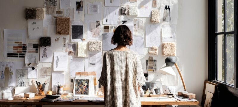 The artist in a sunlit studio arranging an inspiration-filled wall of moodboard clippings - Powered by Adobe