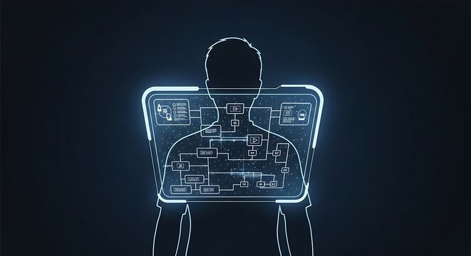 Futuristic Human Body Scan Technology Interface with Glowing Blue Lines.