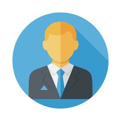 Illustration of a faceless man in a suit and tie inside a blue circle with a long shadow effect
