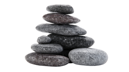  Stacked dark grey stones forming natural balanced structure with rough texture and layered appearance isolated on white background
