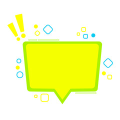 Bright lime green comic speech bubble with exclamation marks and geometric confetti. Blank flat vector style chat box illustration for sale announcements, quotes, or notifications on white background