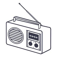 Dark blue line drawing of a vintage radio with antenna Keywords: radio, vintage, retro, antique