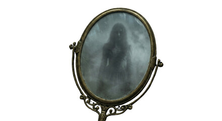 Antique oval hand mirror reflecting a ghostly figure in a hazy, ethereal mist - horror theme