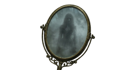 Antique oval hand mirror reflecting a ghostly figure in a hazy, ethereal mist - horror theme