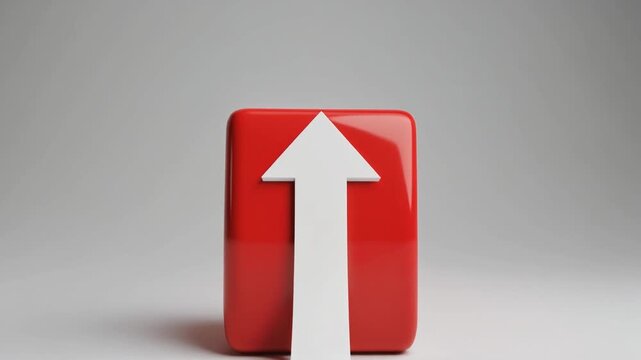 Red cube with bold white arrow pointing upward, white background. Market growth and business success. Close-up.