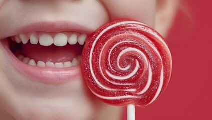 Close-up of a girl’s open mouth with a shiny red spiral lollipop, teeth and pink tongue visible, set against a blurred pink-red background. Playful and sweet.