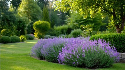 Obraz premium Vibrant Lavender Blooms Amidst Lush Greenery in a Serene Garden with Well-Manicured Lawns and Diverse Shrubs Under Glowing Natural Light
