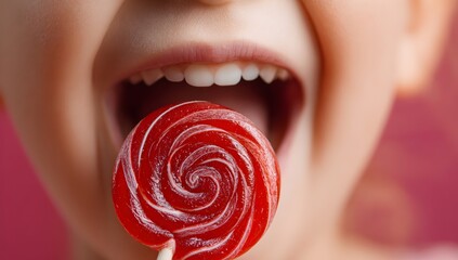 Close-up of a girl’s open mouth with a shiny red spiral lollipop, teeth and pink tongue visible, set against a blurred pink-red background. Playful and sweet.