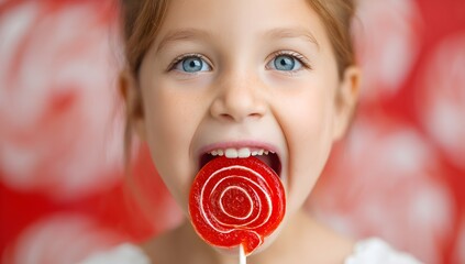 A cheerful young girl enjoying a bright red lollipop, captured in a close-up with vivid colors and sparkling blue eyes, creating a joyful and playful atmosphere.