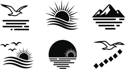 Sunrise and sunset black silhouette icon set, vector collection of sun over sea, waves, seagull, and mountain symbols for travel, nature, and holiday graphics