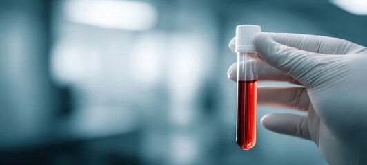 The test tube with blood sample held by gloved hand in laboratory