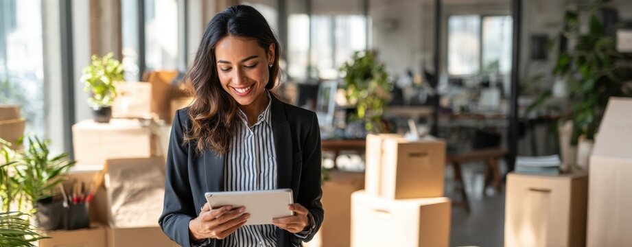 The woman entrepreneur using a tablet in a bright modern office during relocation