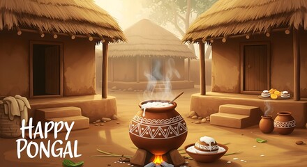 Happy pongal celebration with traditional village scene and cooking pot