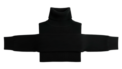 Black ribbed turtleneck sweater with spread-out sleeves, isolated on a black background