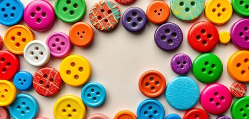 Obraz premium Vibrant buttons in various colors and textures arranged on a neutral background, sewing supplies, hobby