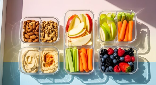 Divided glass containers hold almonds walnuts hummus apples celery carrots and berries on a pastel surface