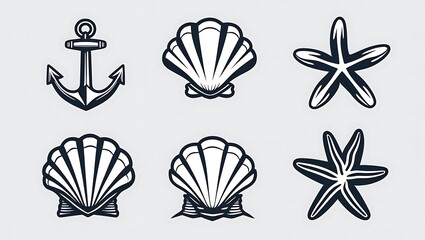 Marine Themed Collection Seashells Starfish Ocean Icons